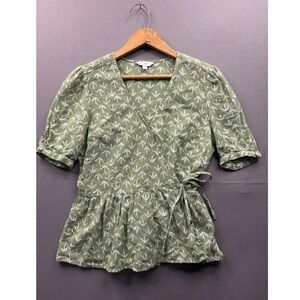 Lucky Brand Wrap Peplum Top Women Green Botanical Leaf Print Short Sleeve XS